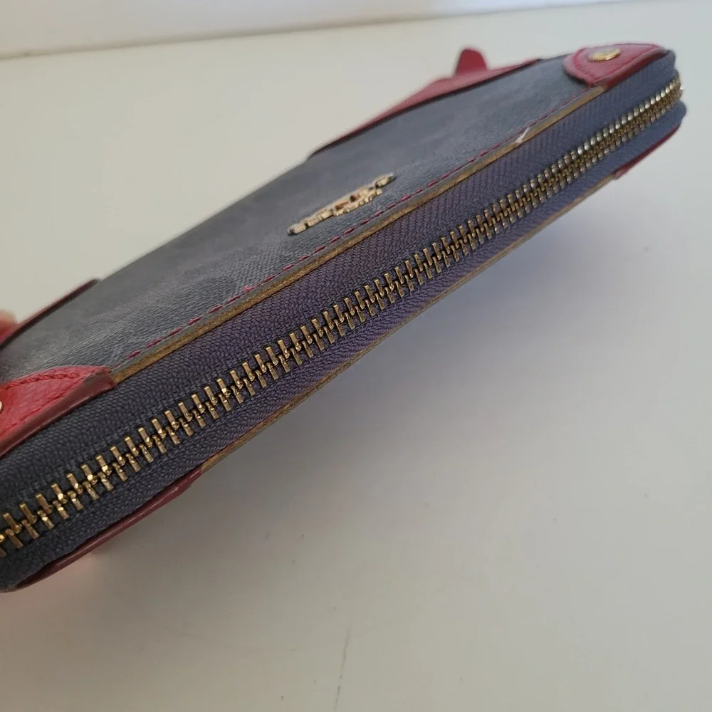 Coach Signature Accordion Zip Wallet Charcoal Red Leather Trim Studded F54007
